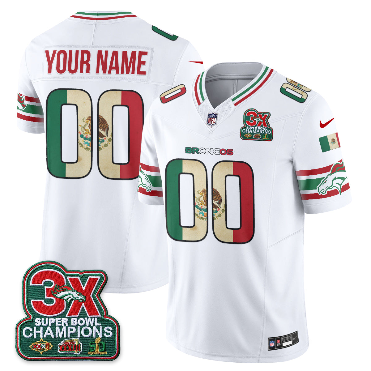 Denver Broncos Mexico Edition Vapor Custom Jersey - All Stitched - White