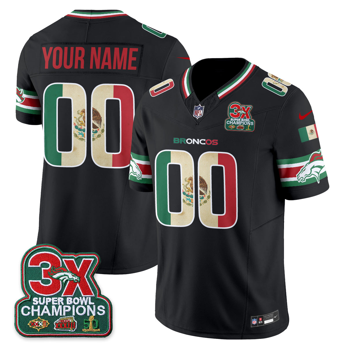 Denver Broncos Mexico Edition Vapor Custom Jersey - All Stitched - Black