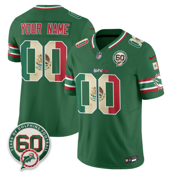 Miami Dolphins Mexico Edition Vapor Custom Jersey - All Stitched - Green