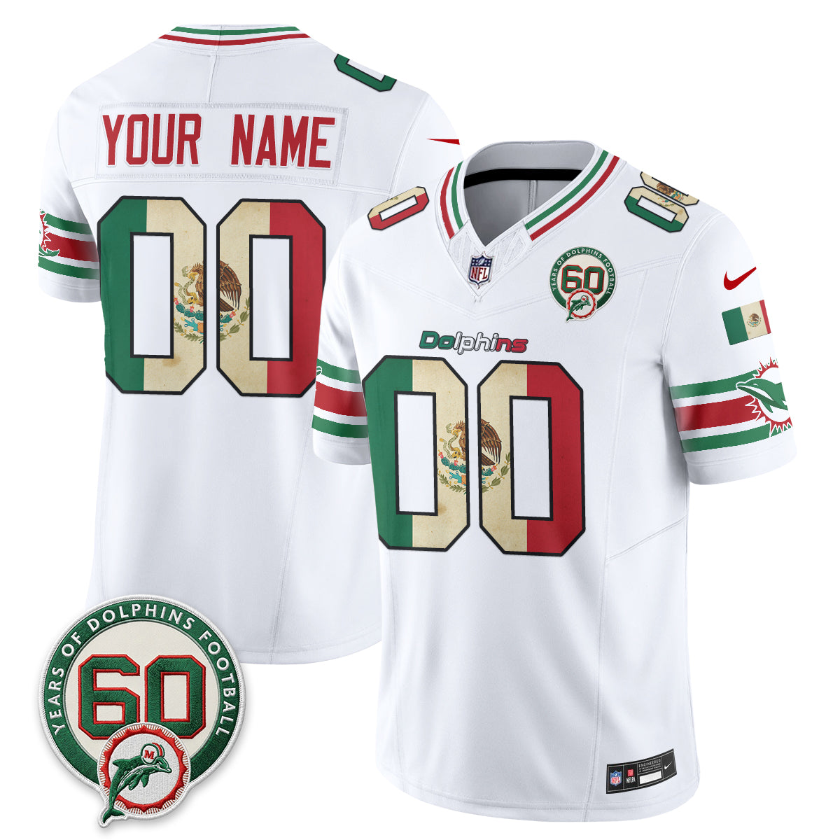 Miami Dolphins Mexico Edition Vapor Custom Jersey - All Stitched - White