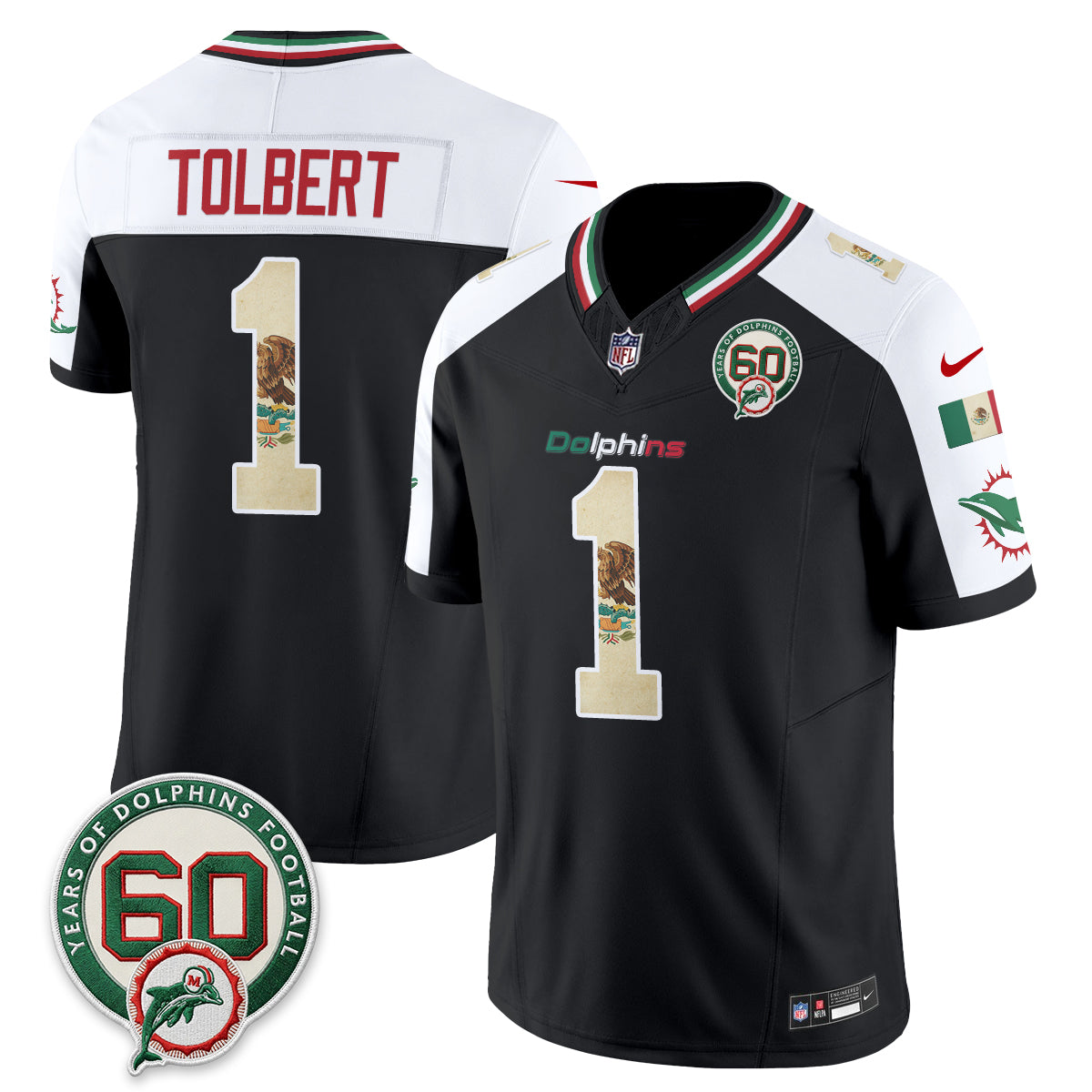 Miami Dolphins Jalen Tolbert Mexico Edition Vapor Jersey - All Stitched - Alternate
