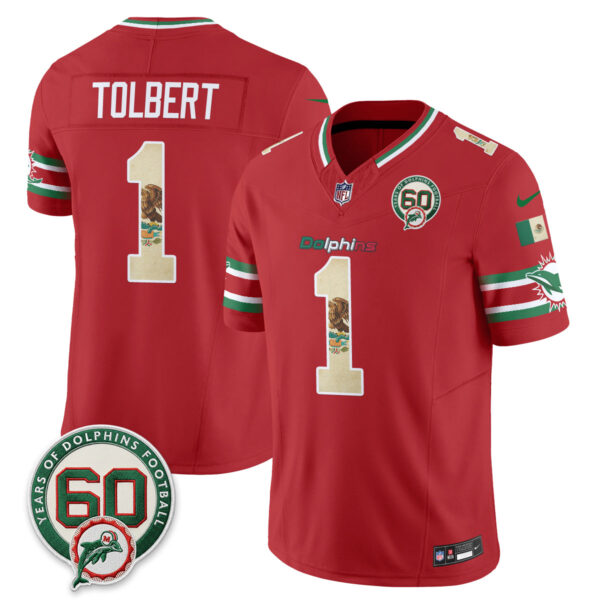 Miami Dolphins Jalen Tolbert Mexico Edition Vapor Jersey - All Stitched - Red