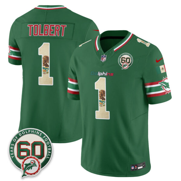 Miami Dolphins Jalen Tolbert Mexico Edition Vapor Jersey - All Stitched - Green