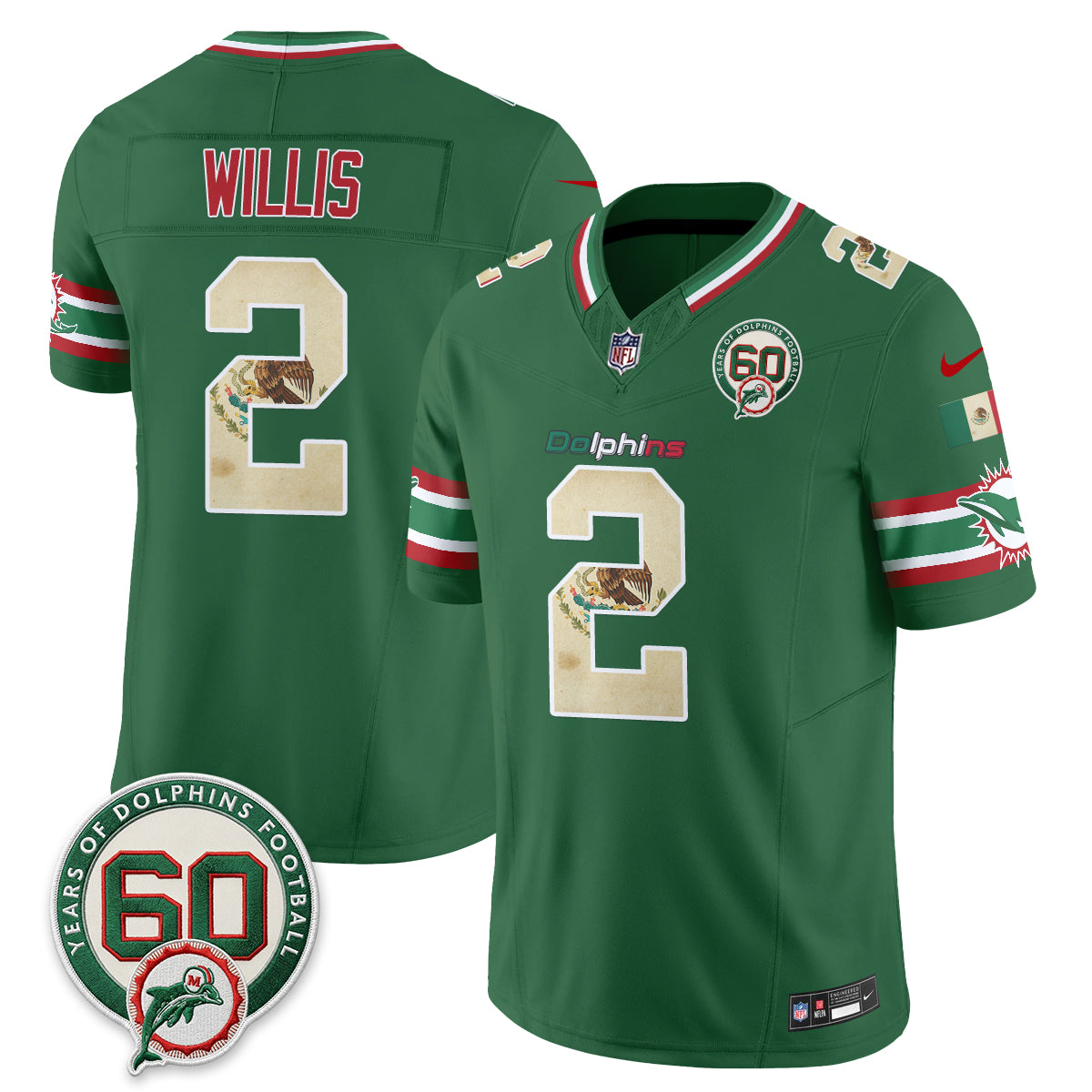 Miami Dolphins Malik Willis Mexico Edition Vapor Jersey - All Stitched - Green