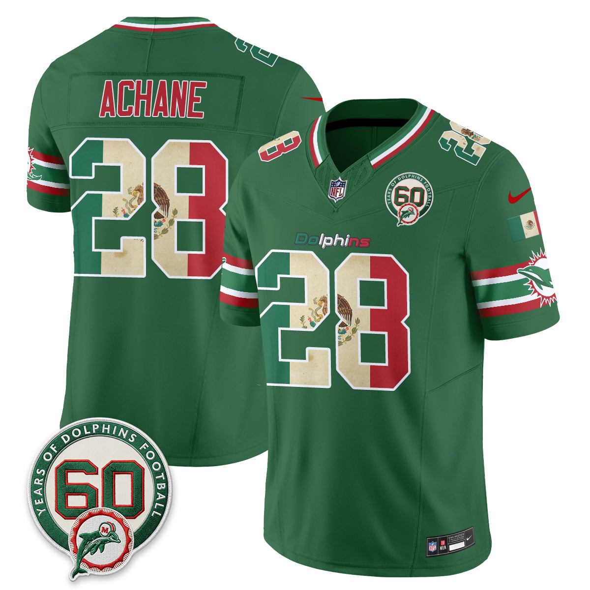 Miami Dolphins De'Von Achane Mexico Edition Vapor Jersey - All Stitched - Green