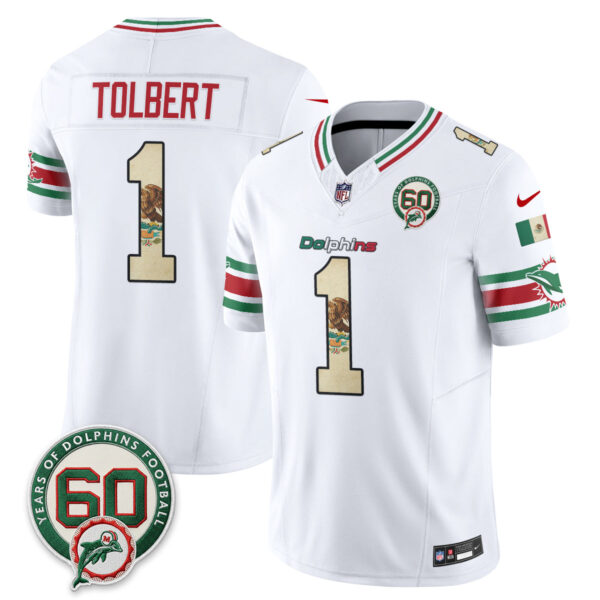 Miami Dolphins Jalen Tolbert Mexico Edition Vapor Jersey - All Stitched - White
