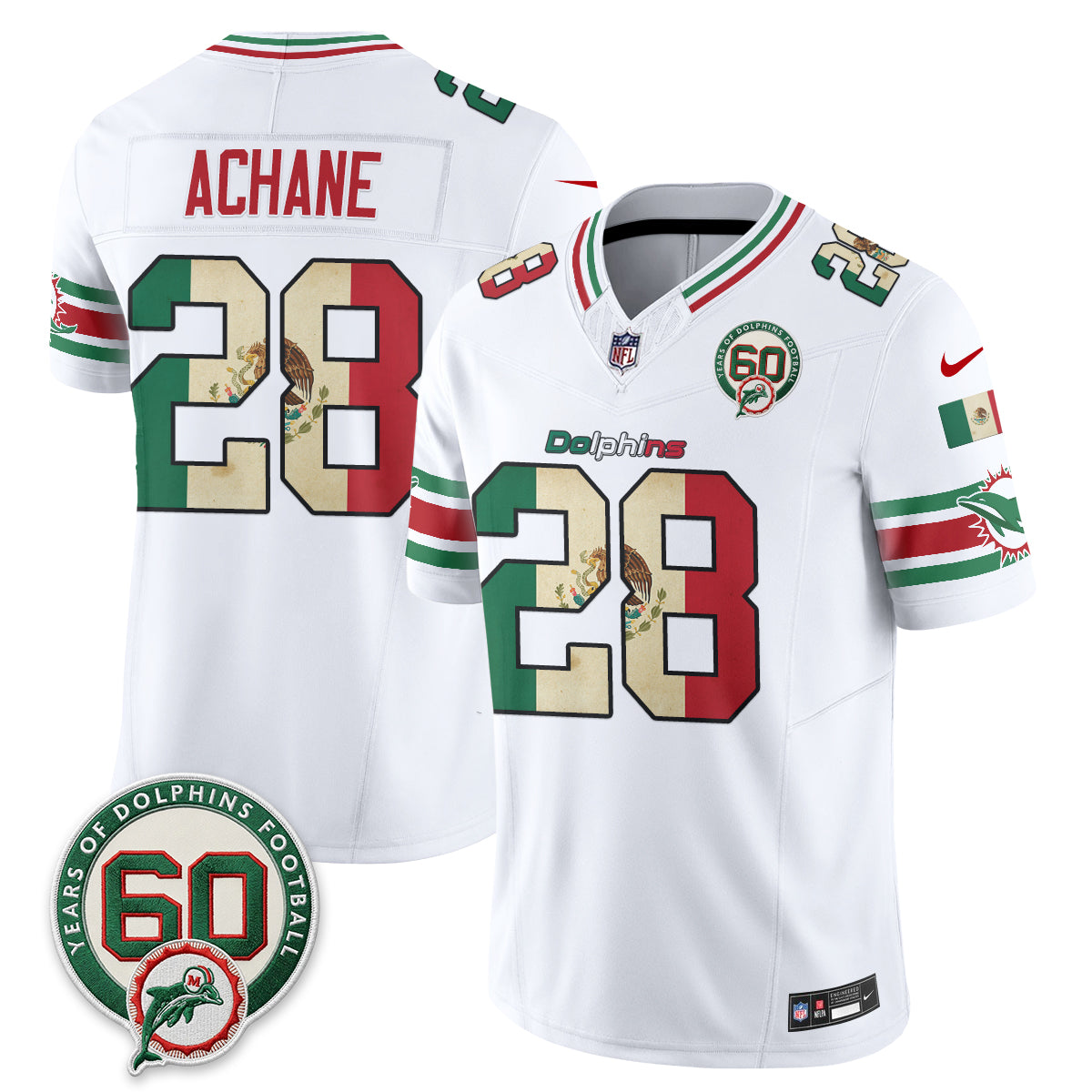 Miami Dolphins De'Von Achane Mexico Edition Vapor Jersey - All Stitched - White