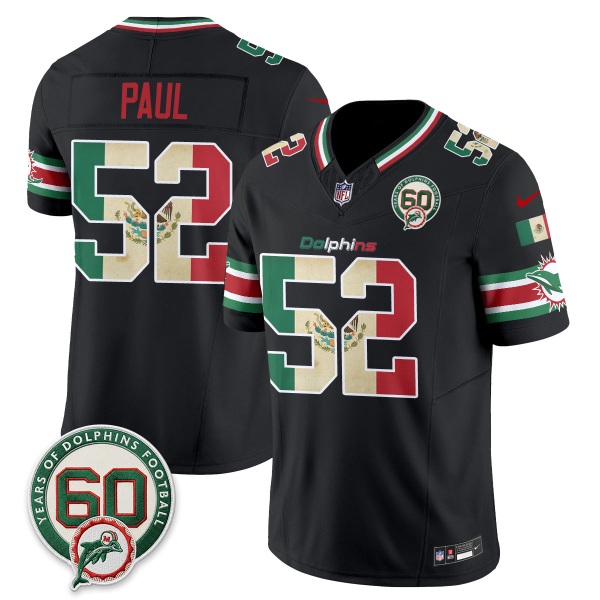 Miami Dolphins Patrick Paul Mexico Edition Vapor Jersey - All Stitched - Black