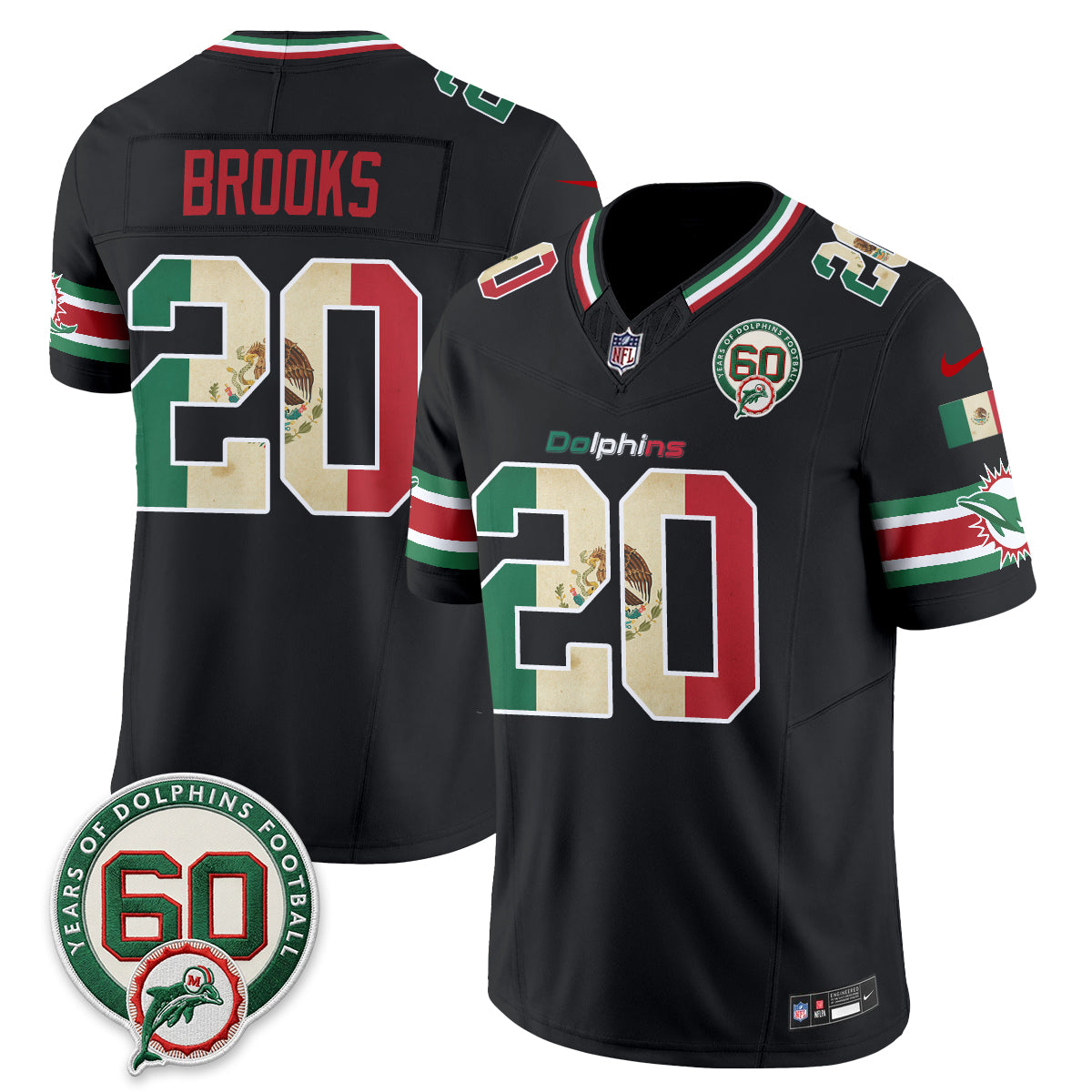 Miami Dolphins Jordyn Brooks Mexico Edition Vapor Jersey - All Stitched - Black