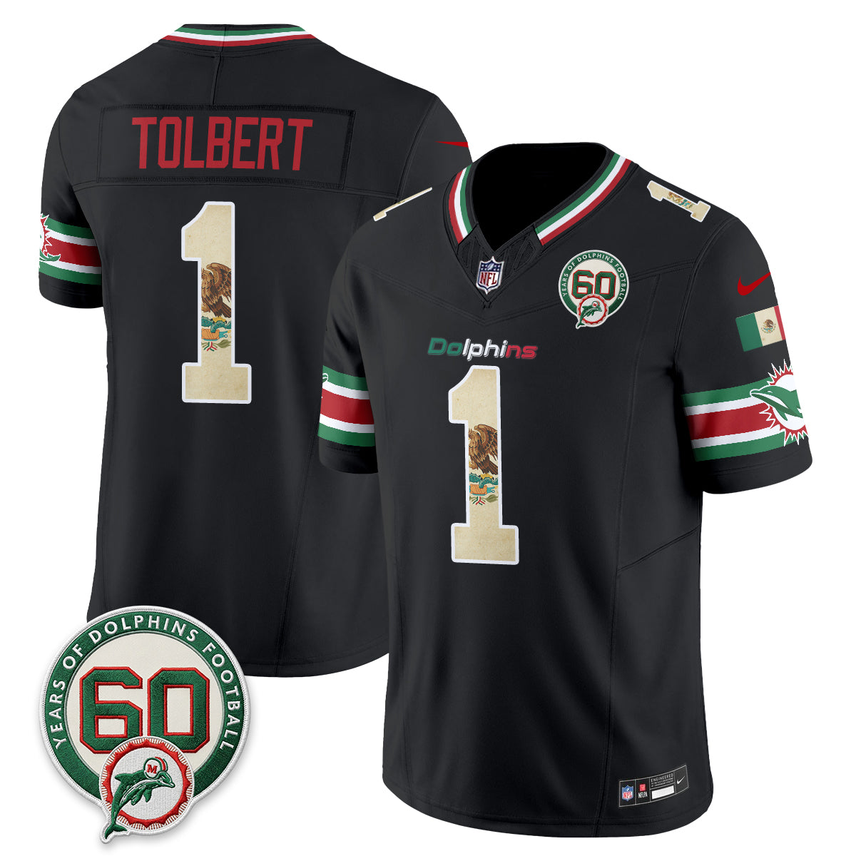 Miami Dolphins Jalen Tolbert Mexico Edition Vapor Jersey - All Stitched - Black