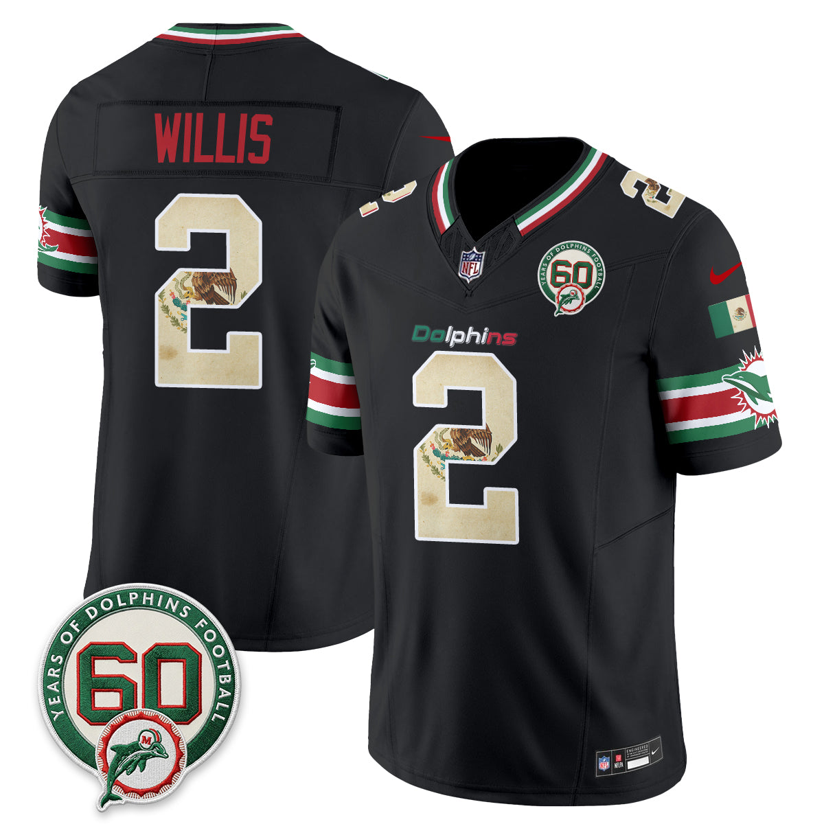 Miami Dolphins Malik Willis Mexico Edition Vapor Jersey - All Stitched - Black