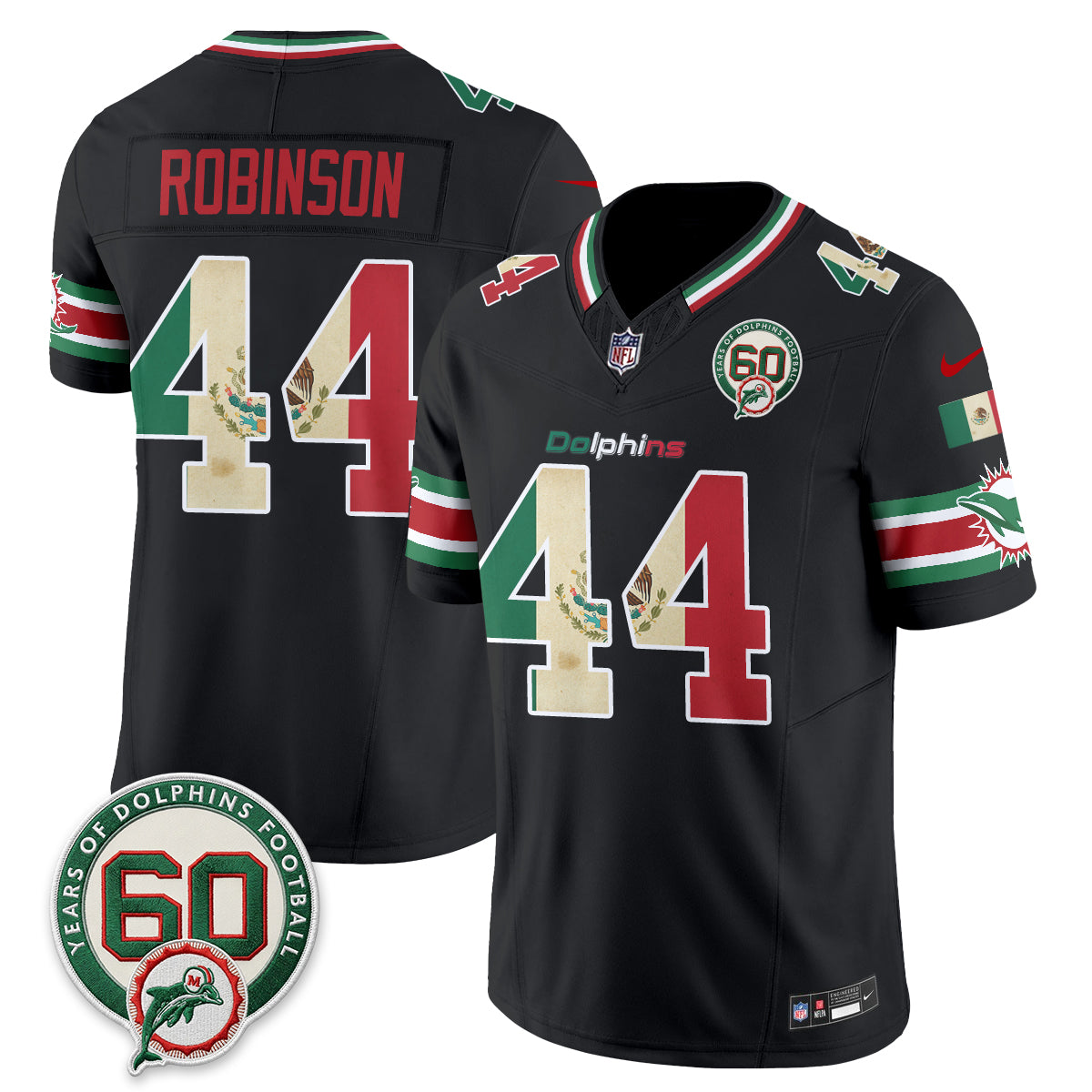 Miami Dolphins Chop Robinson Mexico Edition Vapor Jersey - All Stitched - Black