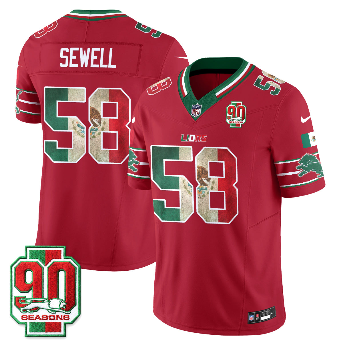 Detroit Lions Penei Sewell Mexico Edition Vapor Jersey - All Stitched - Red