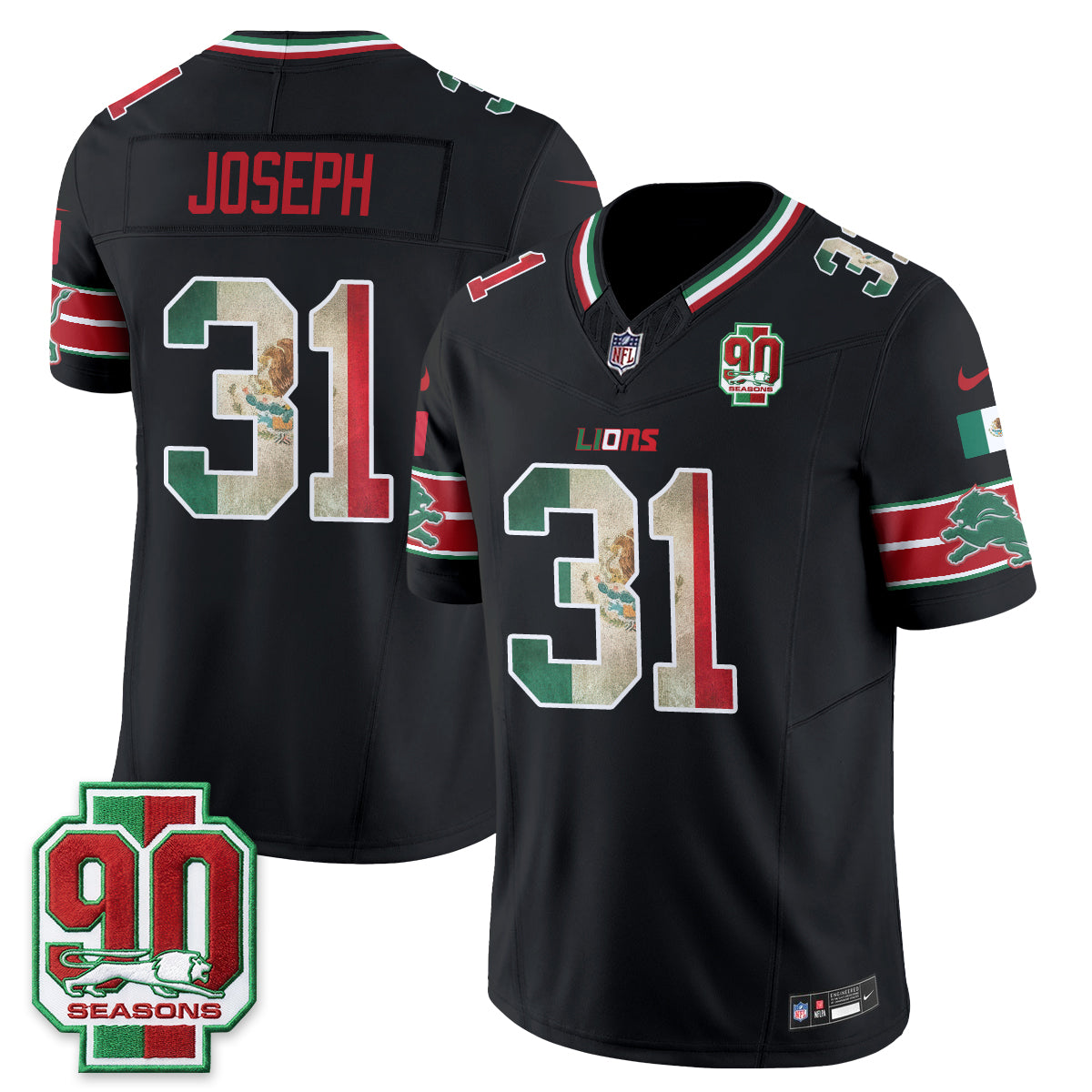 Detroit Lions Kerby Joseph Mexico Edition Vapor Jersey - All Stitched - Black