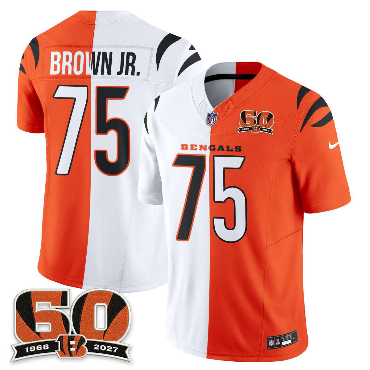 Cincinnati Bengals Orlando Brown Jr. Split Edition Vapor Jersey - All Stitched - White Orange