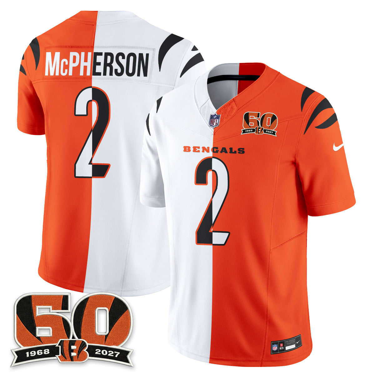 Cincinnati Bengals Evan McPherson Split Edition Vapor Jersey - All Stitched - White Orange
