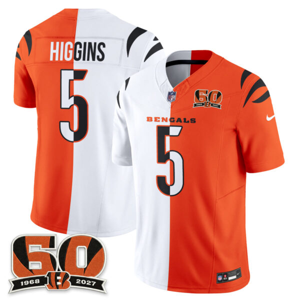 Cincinnati Bengals Tee Higgins Split Edition Vapor Jersey - All Stitched - White Orange