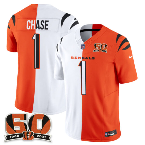 Cincinnati Bengals Ja'Marr Chase Split Edition Vapor Jersey - All Stitched - White Orange