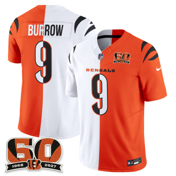 Cincinnati Bengals Joe Burrow Split Edition Vapor Jersey - All Stitched - White Orange