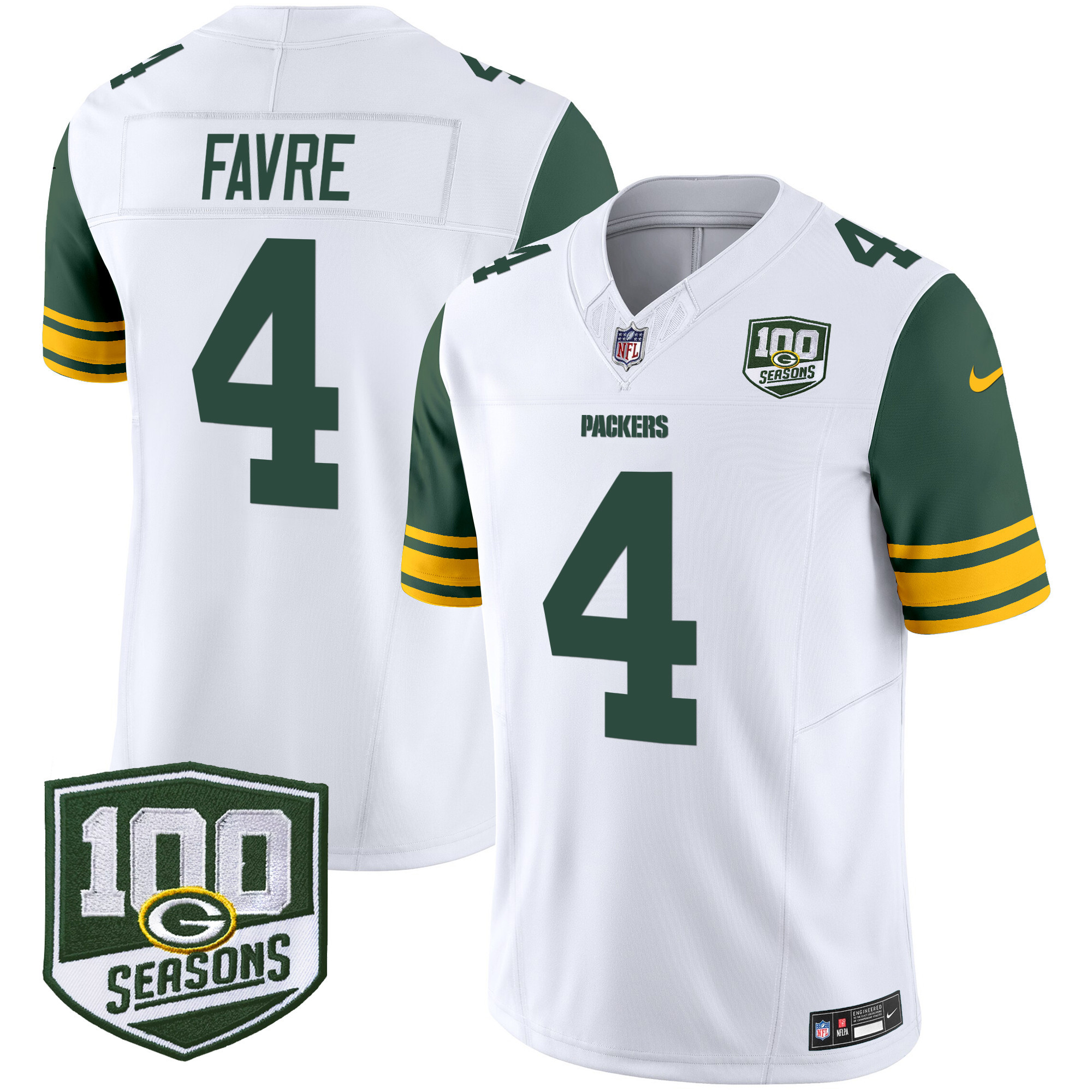 Green Bay Packers Brett Favre Throwback 100th Season Patch Vapor Limited Jersey - All Stitched - White