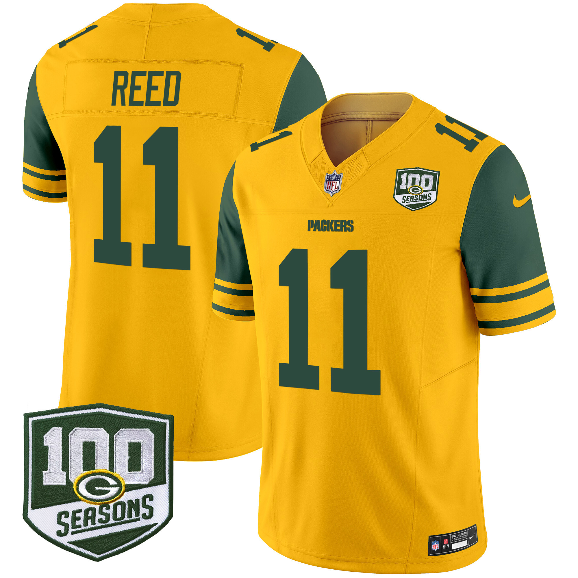 Green Bay Packers Jayden Reed Throwback 100th Season Patch Vapor Limited Jersey - All Stitched - Gold