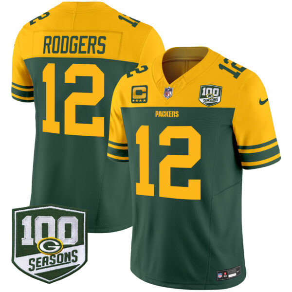 Green Bay Packers Aaron Rodgers Throwback 100th Season Patch Vapor Limited Jersey - All Stitched - Green