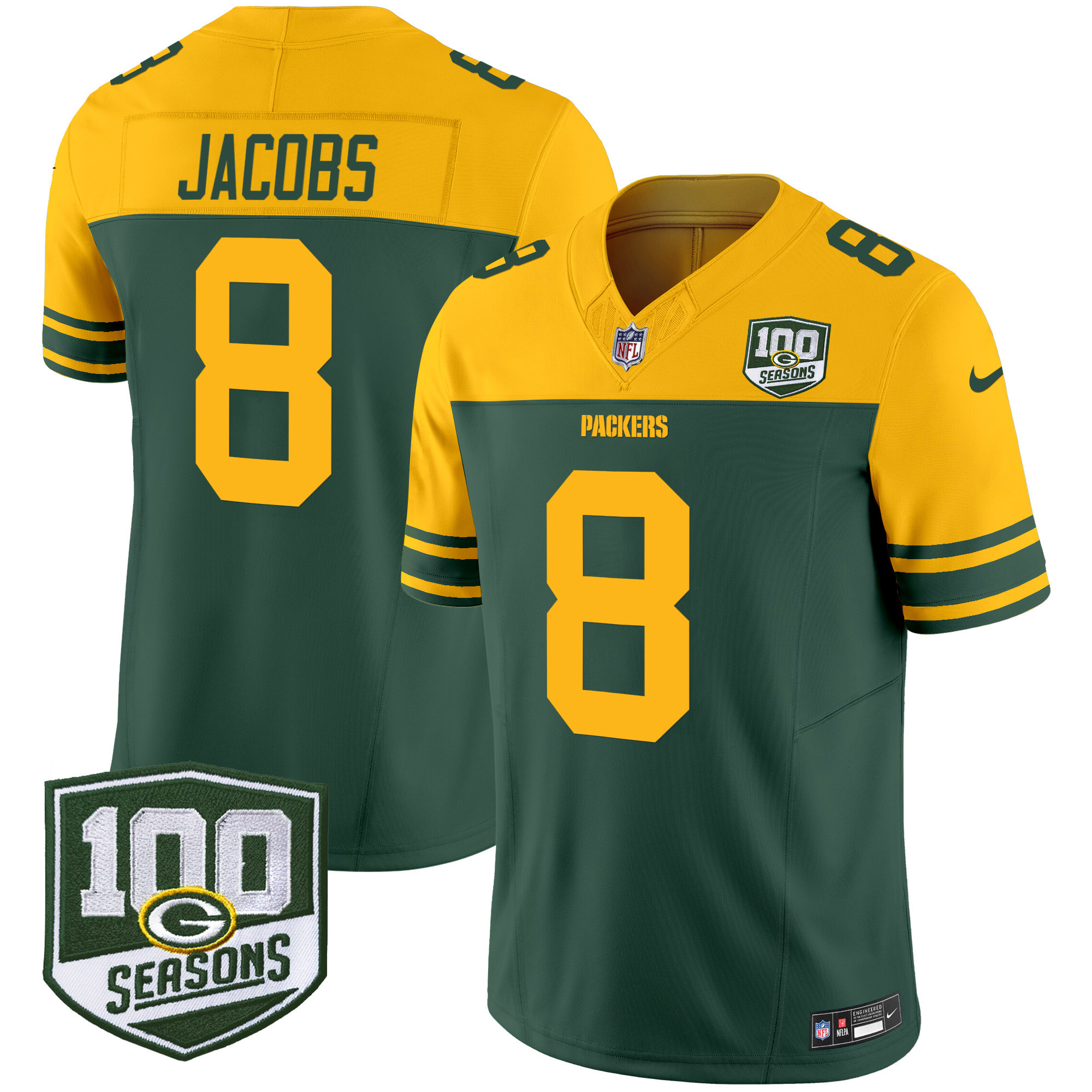Green Bay Packers Josh Jacobs Throwback 100th Season Patch Vapor Limited Jersey - All Stitched - Green
