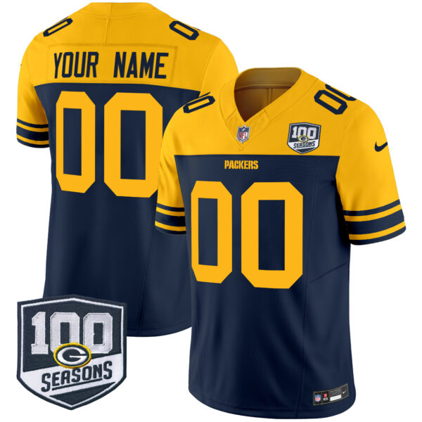 Green Bay Packers Throwback 100th Season Patch Vapor Limited Custom Jersey - All Stitched - Navy