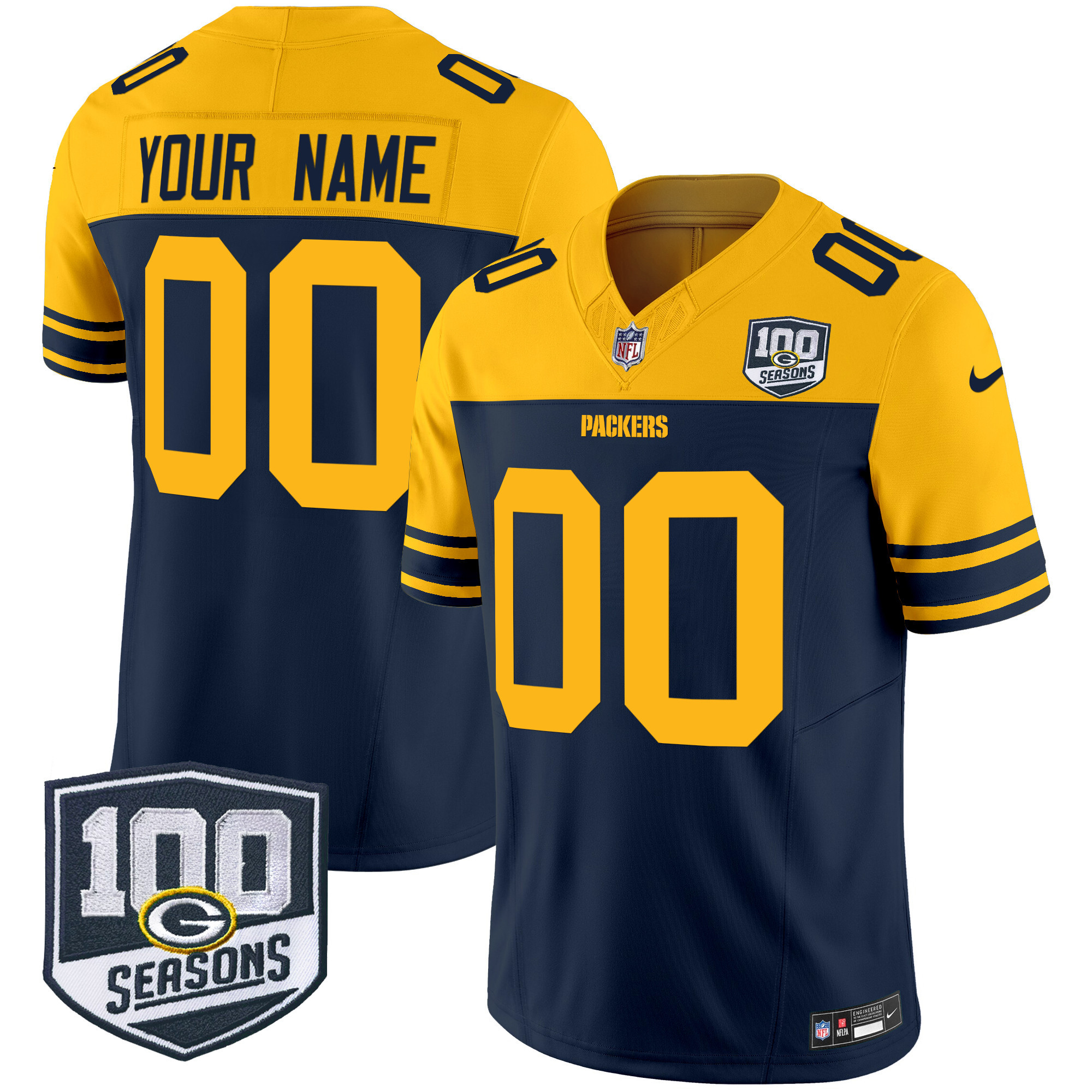 Green Bay Packers Throwback 100th Season Patch Vapor Limited Custom Jersey - All Stitched - Navy