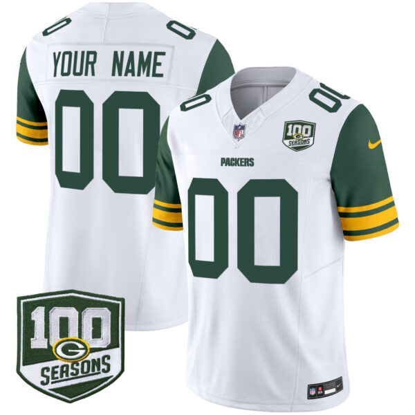 Green Bay Packers Throwback 100th Season Patch Vapor Limited Custom Jersey - All Stitched - White