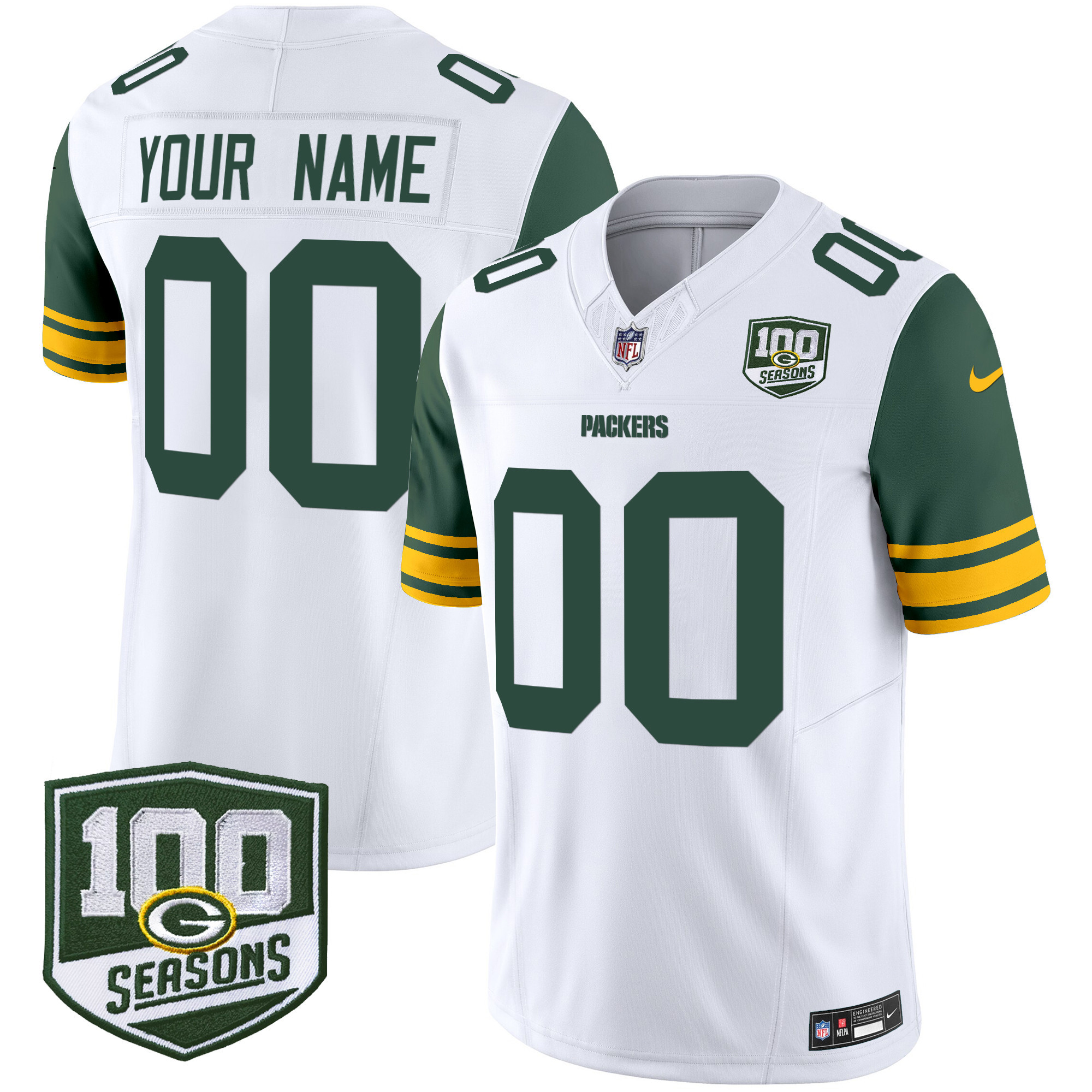 Green Bay Packers Throwback 100th Season Patch Vapor Limited Custom Jersey - All Stitched - White