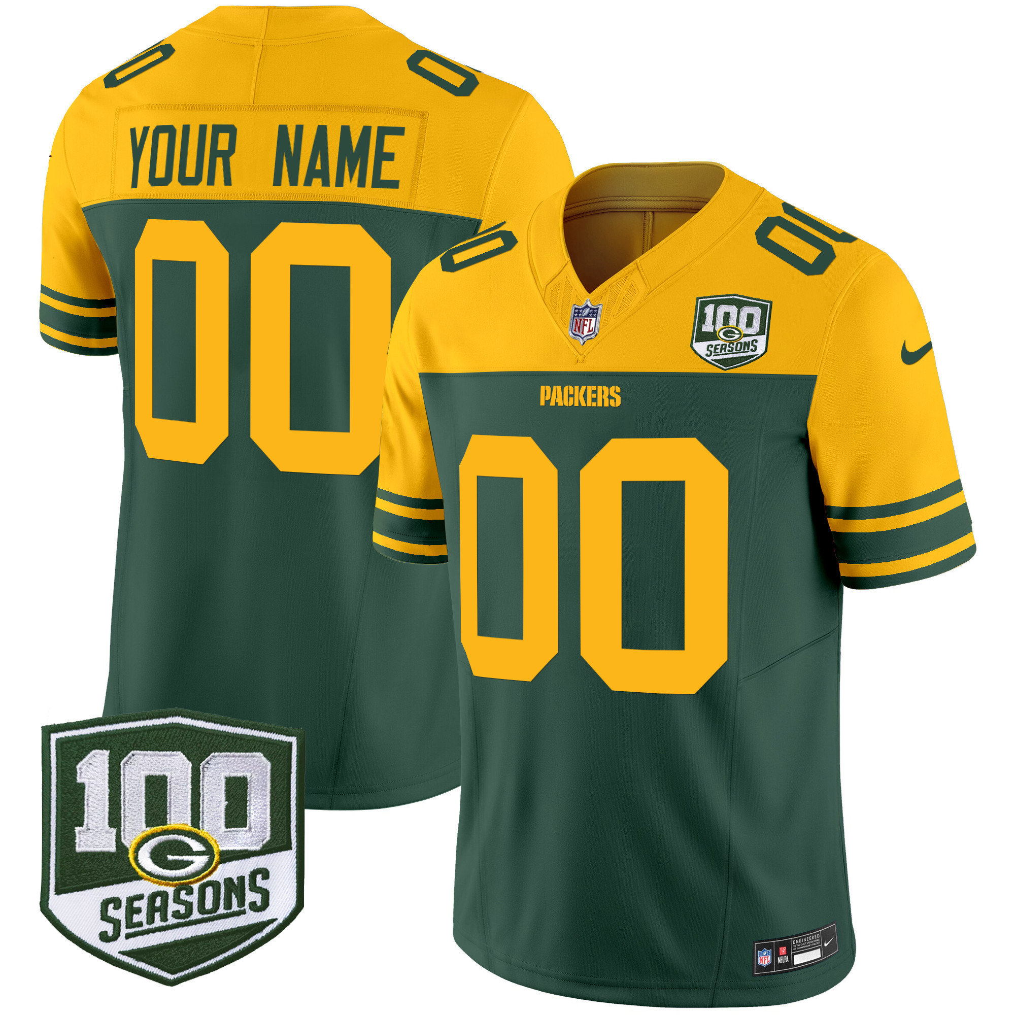 Green Bay Packers Throwback 100th Season Patch Vapor Limited Custom Jersey - All Stitched - Green
