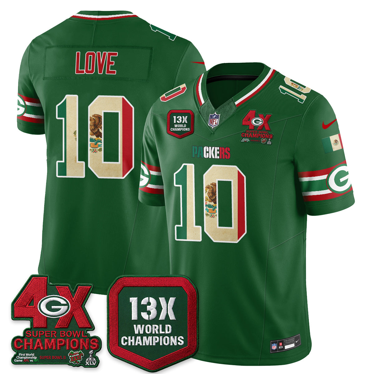Green Bay Packers Jordan Love Mexico Edition Vapor Jersey - All Stitched - Green