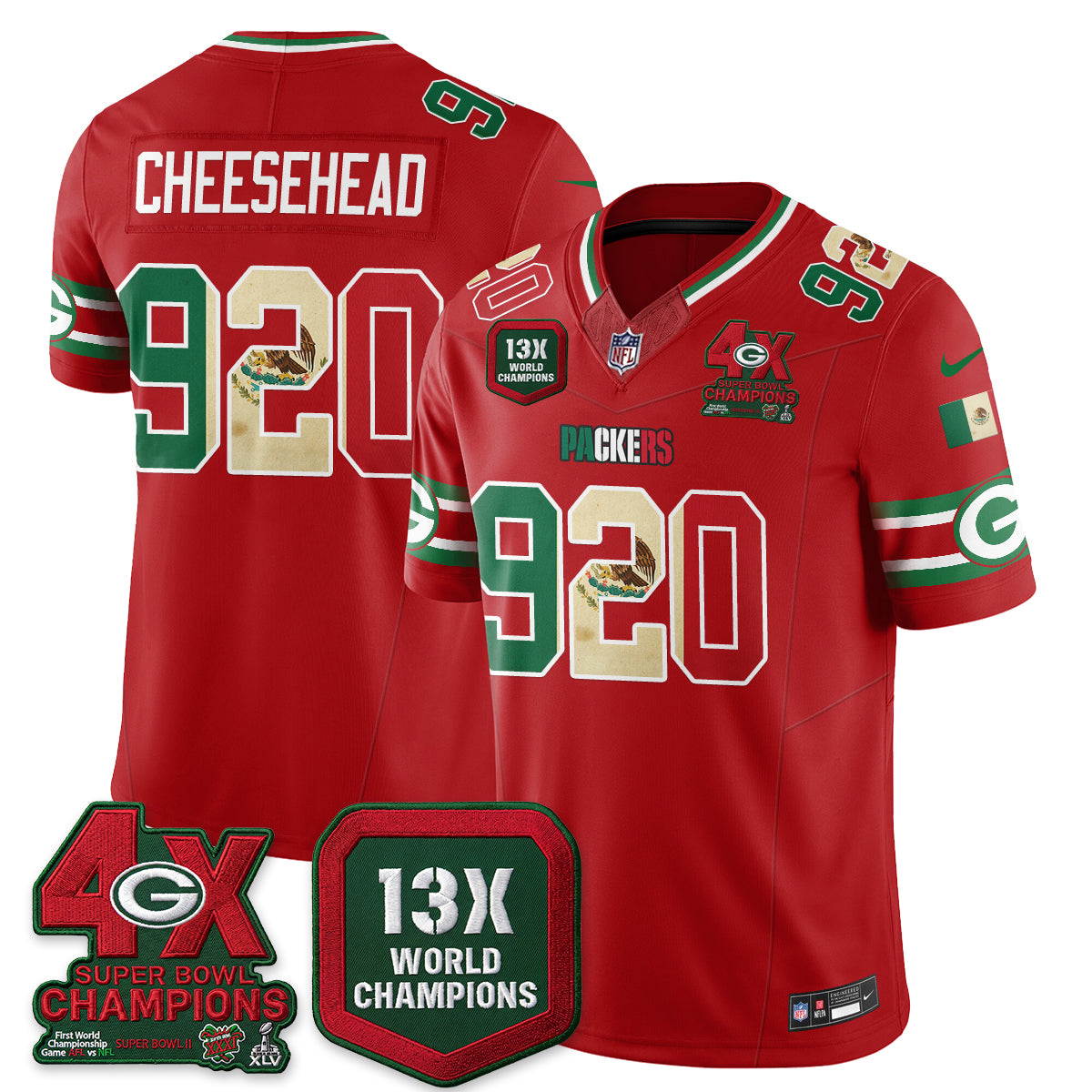 Green Bay Packers Cheesehead Mexico Edition Vapor Jersey - All Stitched - Red