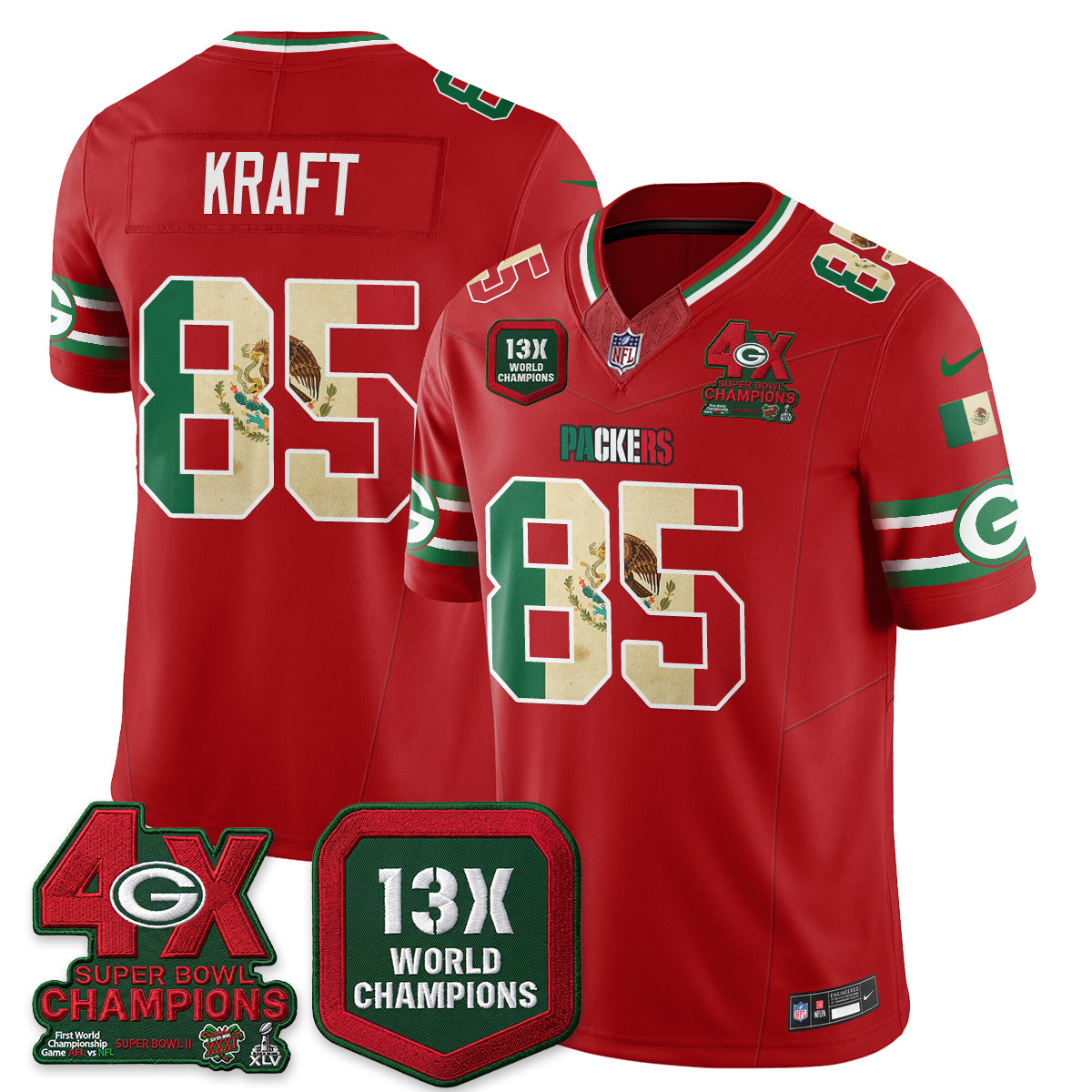 Green Bay Packers Tucker Kraft Mexico Edition Vapor Jersey - All Stitched - Red
