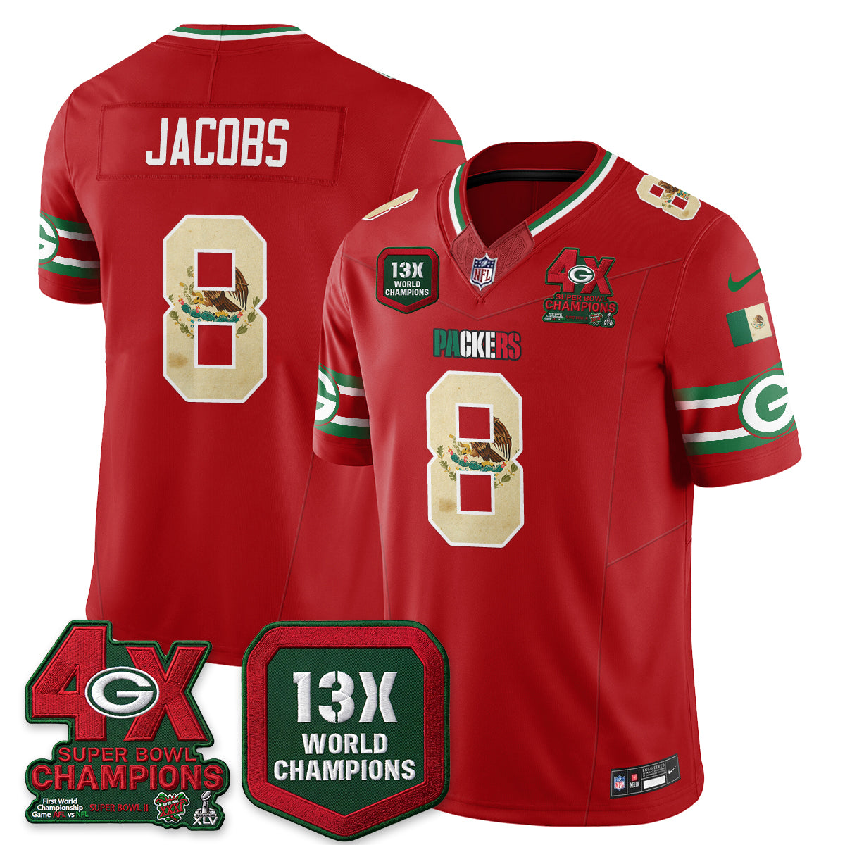 Green Bay Packers Josh Jacobs Mexico Edition Vapor Jersey - All Stitched - Red