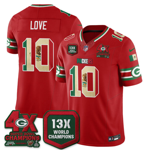 Green Bay Packers Jordan Love Mexico Edition Vapor Jersey - All Stitched - Red