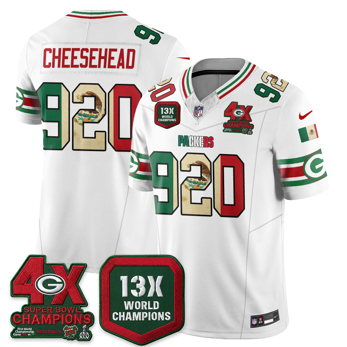 Green Bay Packers Cheesehead Mexico Edition Vapor Jersey - All Stitched - White