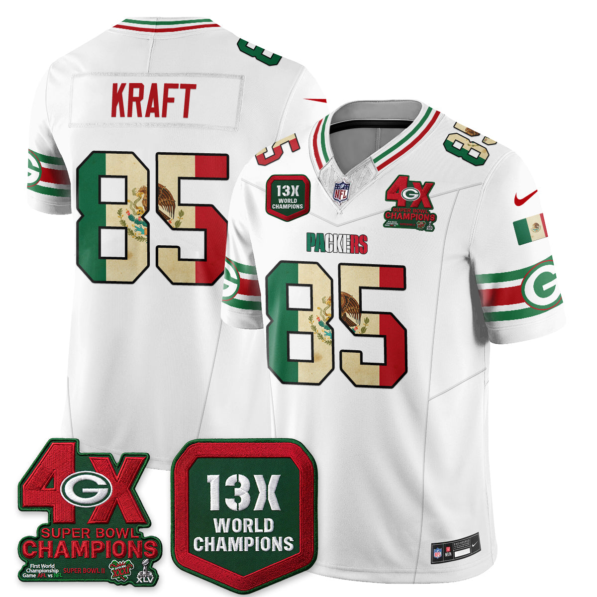 Green Bay Packers Tucker Kraft Mexico Edition Vapor Jersey - All Stitched - White