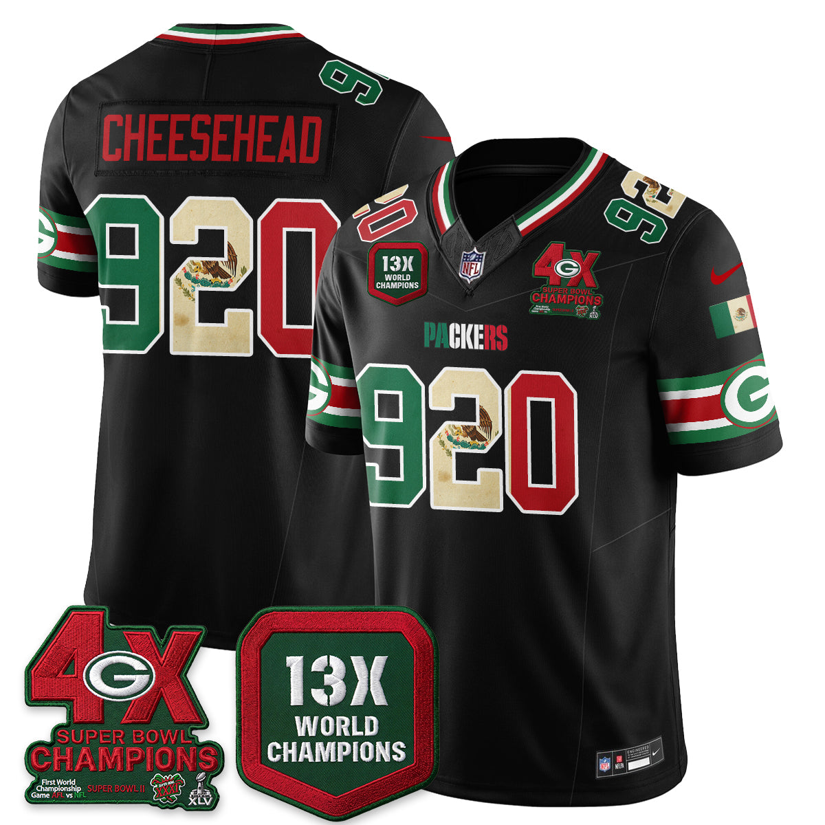 Green Bay Packers Cheesehead Mexico Edition Vapor Jersey - All Stitched - Black