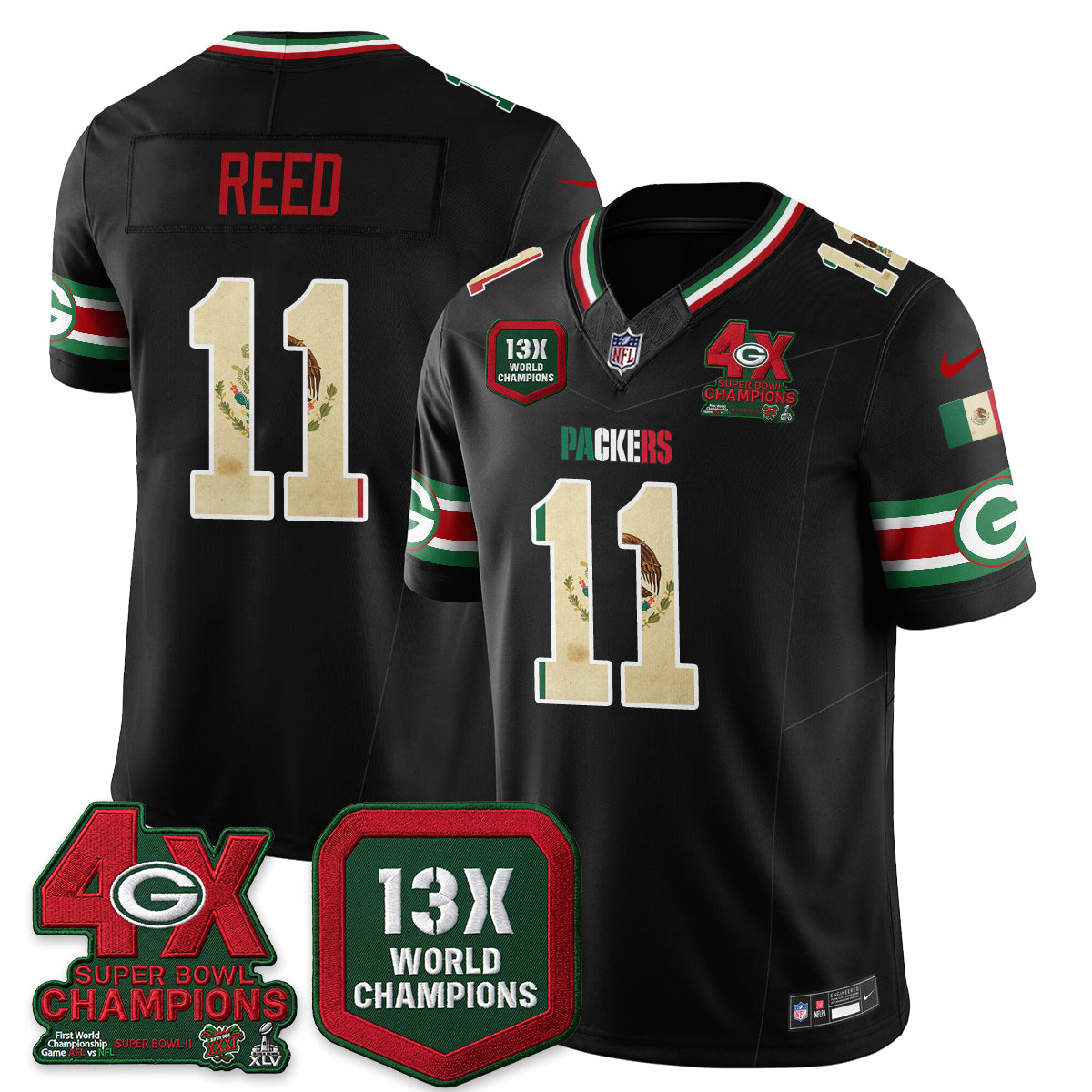 Green Bay Packers Jayden Reed Mexico Edition Vapor Jersey - All Stitched - Black