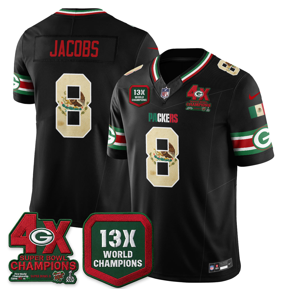 Green Bay Packers Josh Jacobs Mexico Edition Vapor Jersey - All Stitched - Black