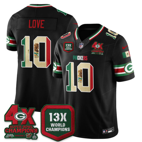 Green Bay Packers Jordan Love Mexico Edition Vapor Jersey - All Stitched - Black