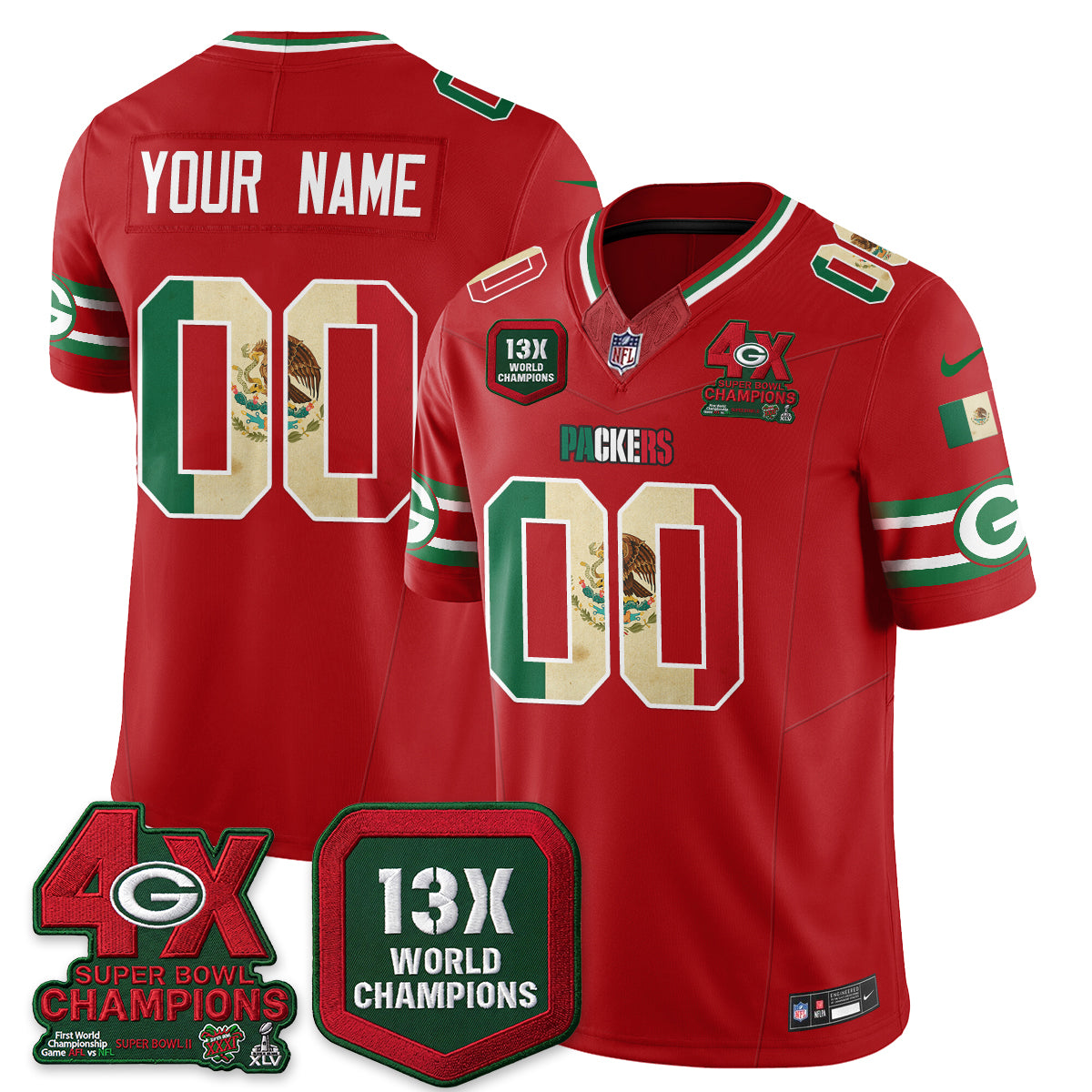 Green Bay Packers Mexico Edition Vapor Custom Jersey - All Stitched - Red