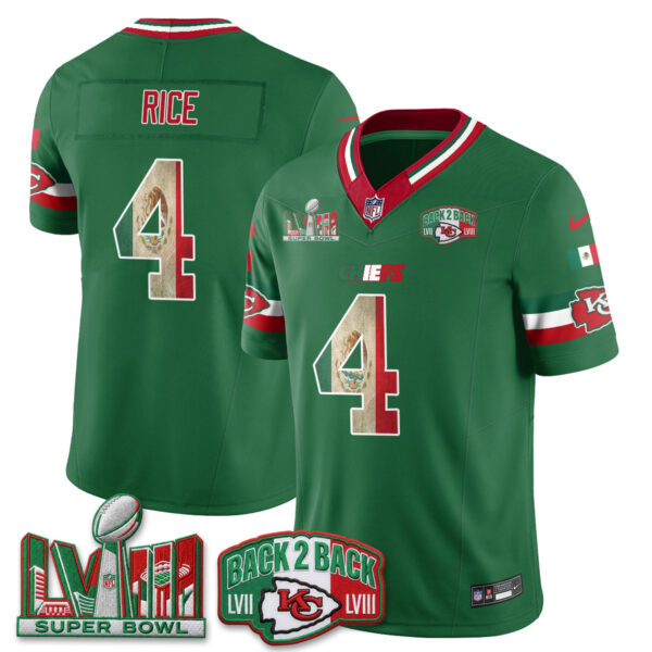 Kansas City Chiefs Rashee Rice Mexico Edition Vapor Jersey - All Stitched - Green