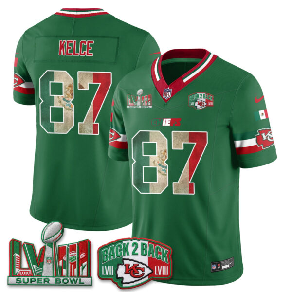 Kansas City Chiefs Travis Kelce Mexico Edition Vapor Jersey - All Stitched - Green