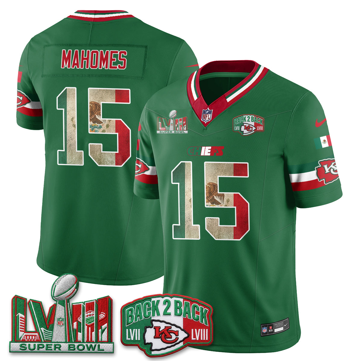 Kansas City Chiefs Patrick Mahomes Mexico Edition Vapor Jersey - All Stitched - Green