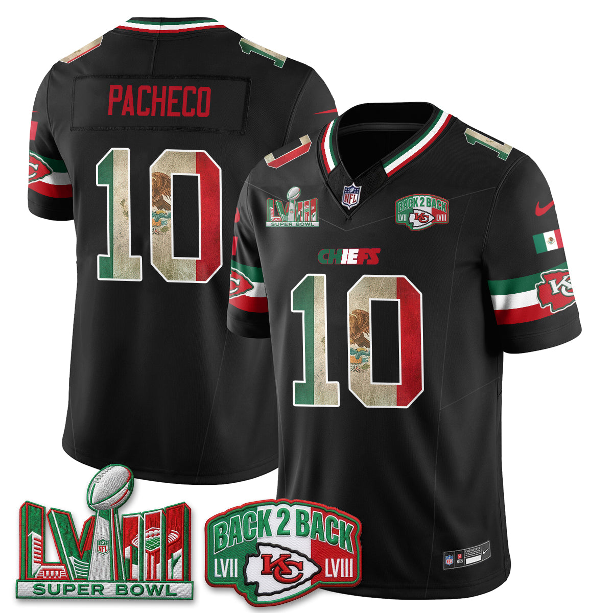 Kansas City Chiefs Isiah Pacheco Mexico Edition Vapor Jersey - All Stitched - Black