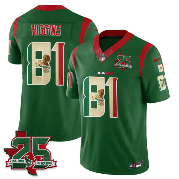 Houston Texans Jayden Higgins 25 Seasons Mexico Style Vapor Jersey - All Stitched - Green