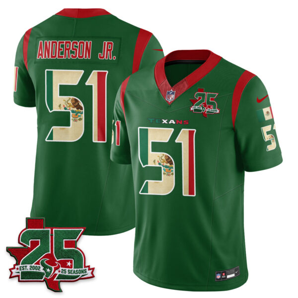 Houston Texans Will Anderson Jr. 25 Seasons Mexico Style Vapor Jersey - All Stitched - Green